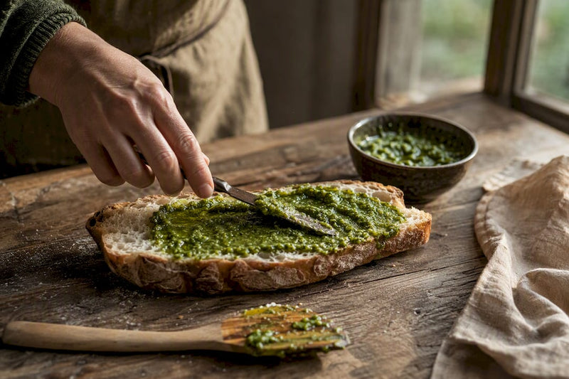 Hand streicht Pesto auf rustikales Brot