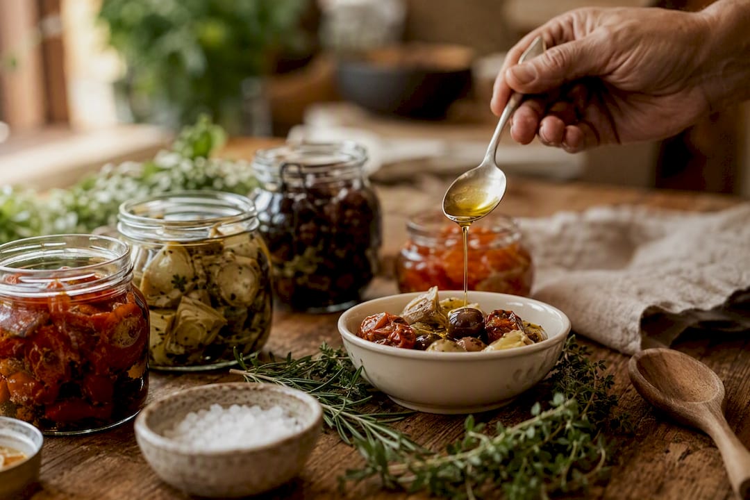 Filet d'huile d'olive versé sur des antipasti disposés sur une table en bois