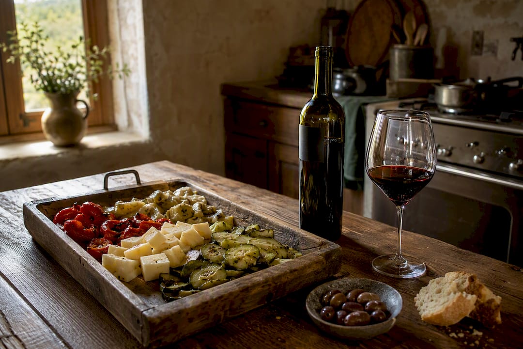 Italienische Antipasti-Platte mit einem Glas Rotwein