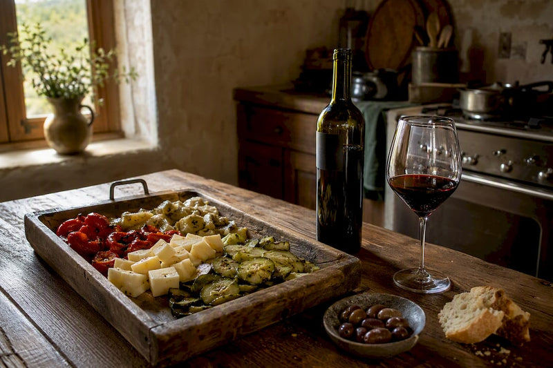 Italienische Antipasti-Platte mit einem Glas Rotwein