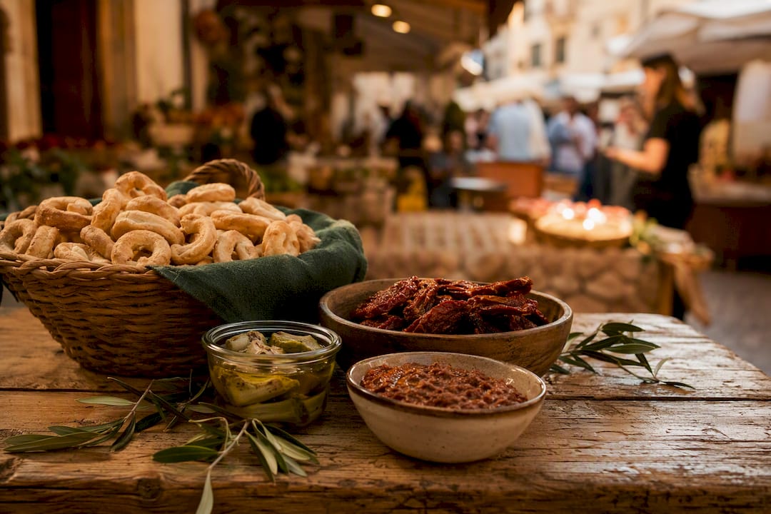 Italienische Aperitivo-Zutaten auf einem rustikalen Tisch