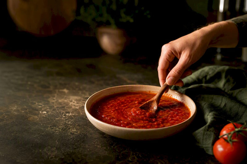 Hand hält leuchtend rotes Tomatensugo