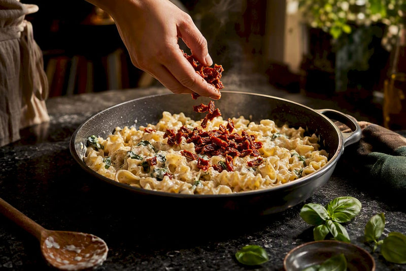 Pasta mit getrockneten Tomaten in der Pfanne
