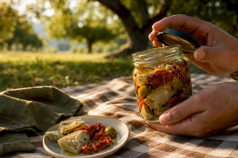 Antipasti im Glas auf einer Picknickdecke