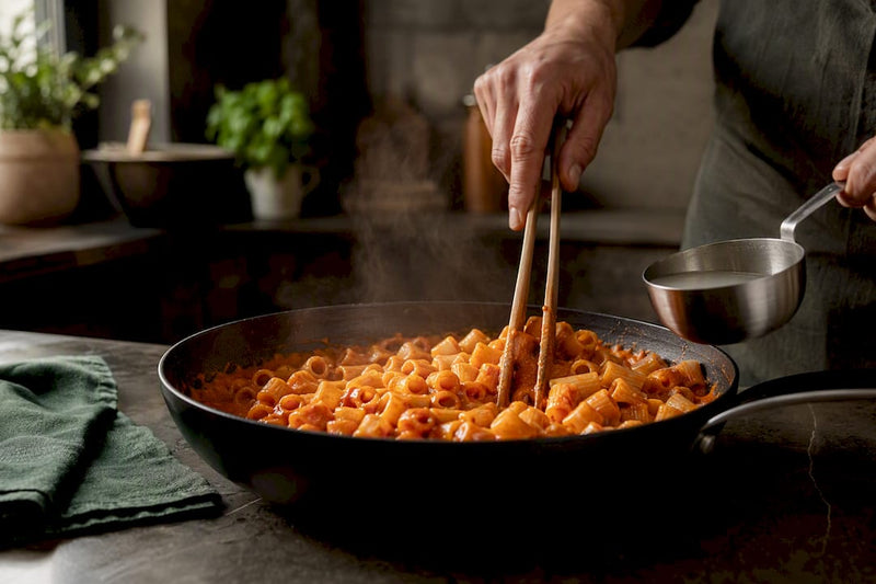 Kurze Pasta wird in Tomatensauce geschwenkt