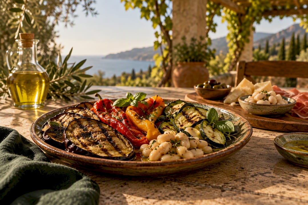 Mediterrane Antipasti-Platte mit Gemüse und Hülsenfrüchten