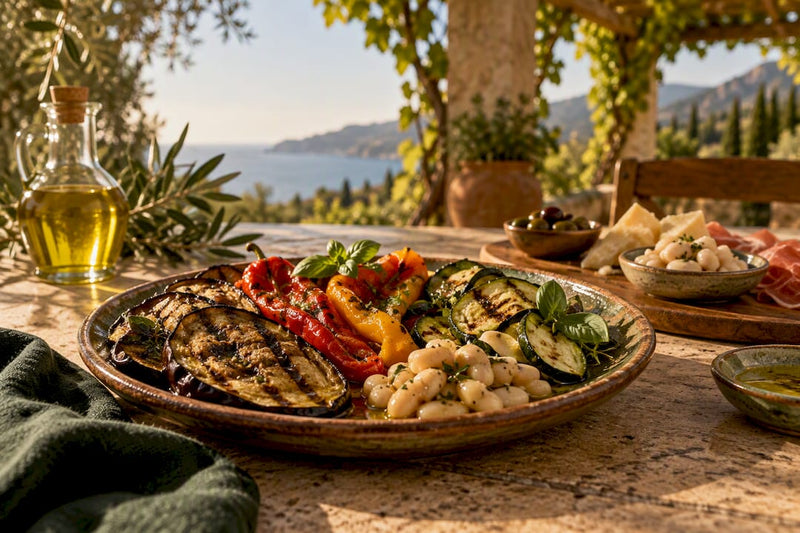 Mediterrane Antipasti-Platte mit Gemüse und Hülsenfrüchten