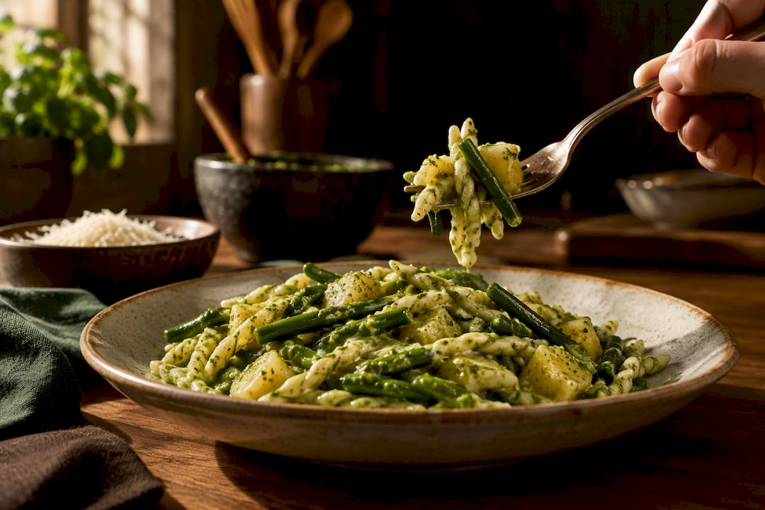 Trofie mit Pesto, Kartoffeln und grünen Bohnen