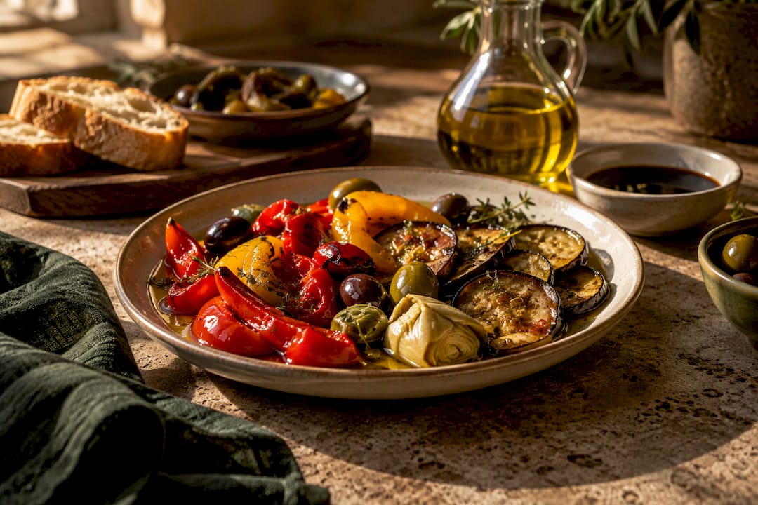 Antipasti mit Olivenöl und Essig