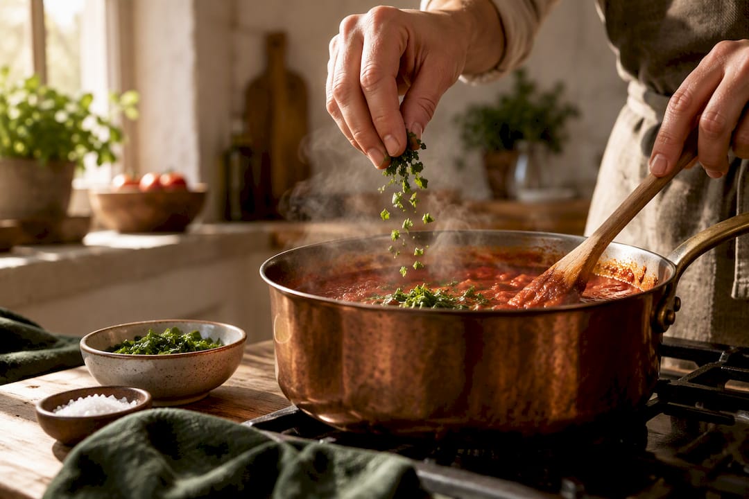 Eine Hand würzt die köchelnde Tomatensauce mit Kräutern.