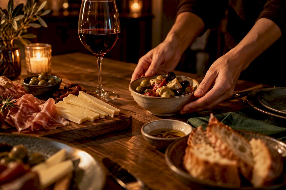 Italienische Snacks und Wein auf dem schön gedeckten Tisch