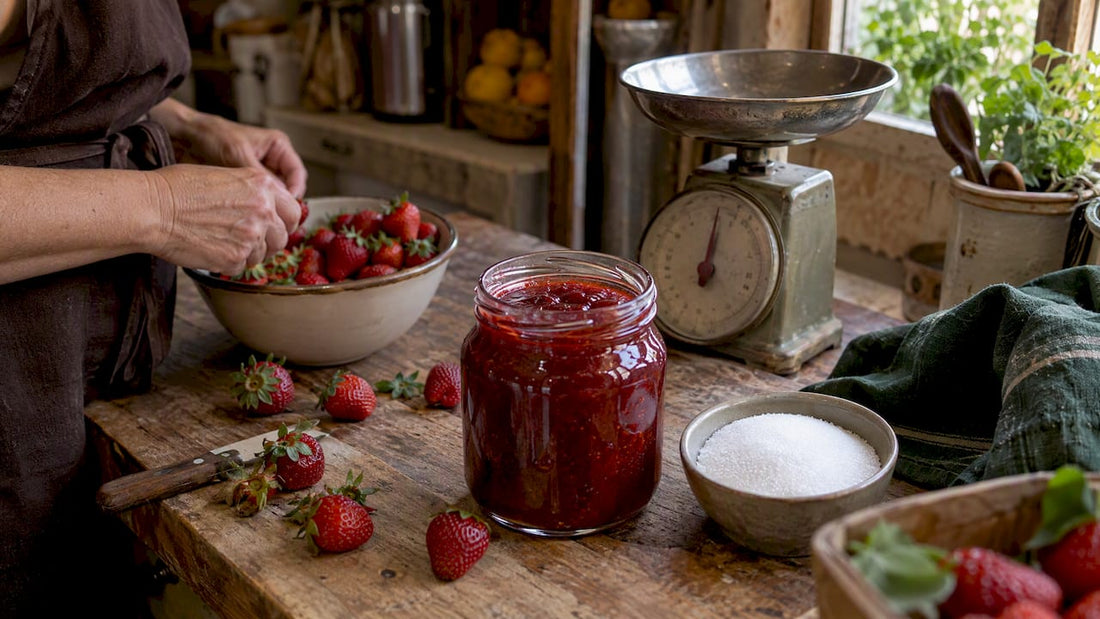 Konfitüre aus Früchten und Zucker auf der Arbeitsplatte