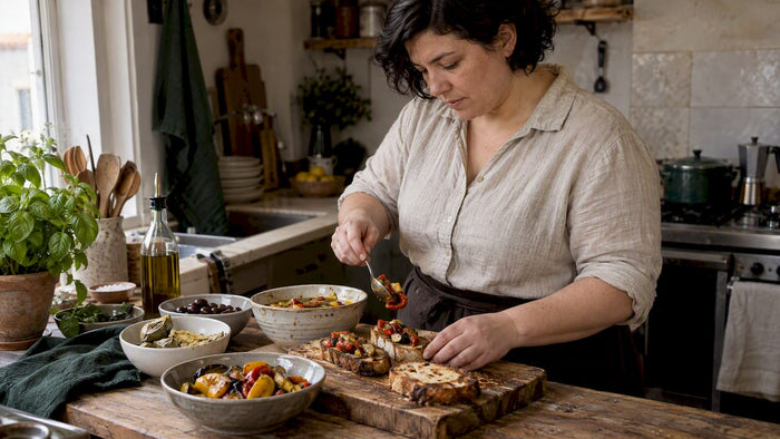 Frisches Brot mit italienischen Antipasti