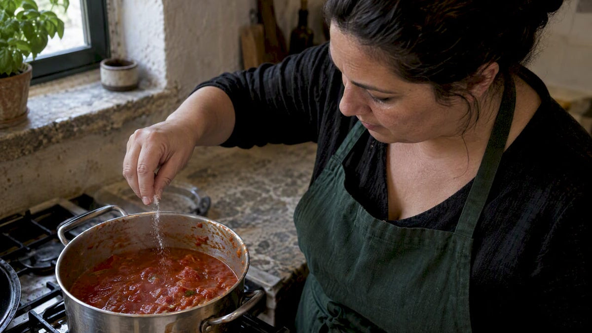 Eine Prise Natron wird in die Tomatensauce gegeben