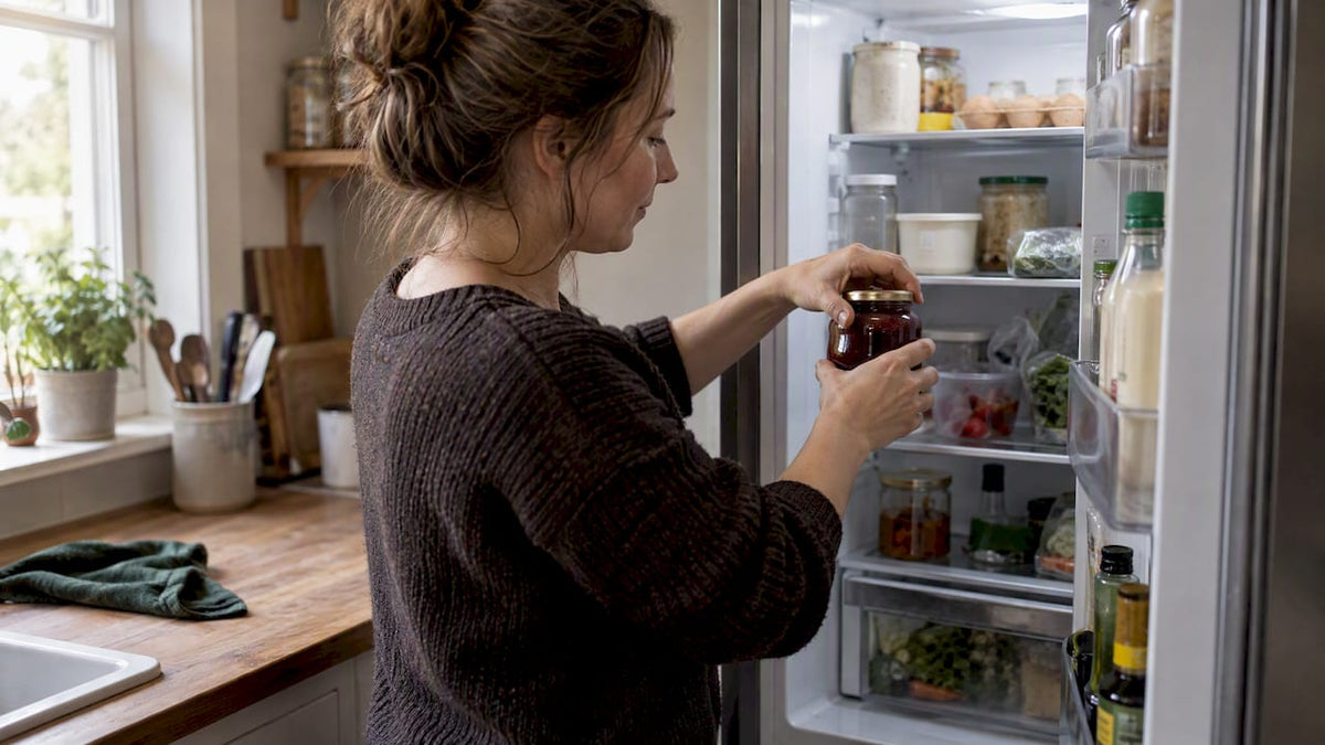 Ein geöffnetes Marmeladenglas wird im Kühlschrank aufbewahrt