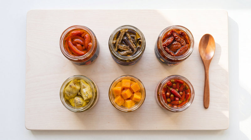 Composizione di 6 vasetti di sottoli artigianali italiani: peperoni, melanzane, carciofini, pomodori secchi, zucca, peperoncini