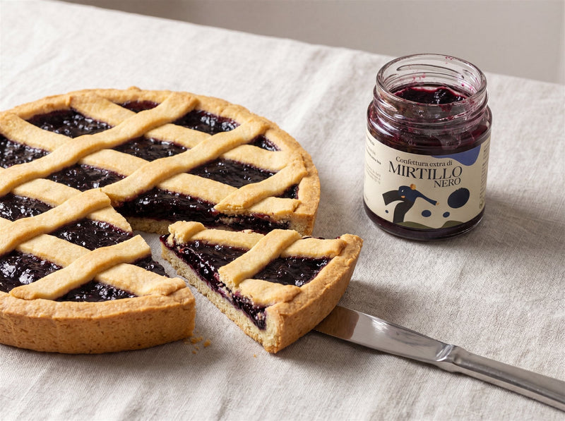 Crostata di pasta frolla con grata e ripieno di confettura di mirtillo nero, vasetto Minnelea aperto accanto