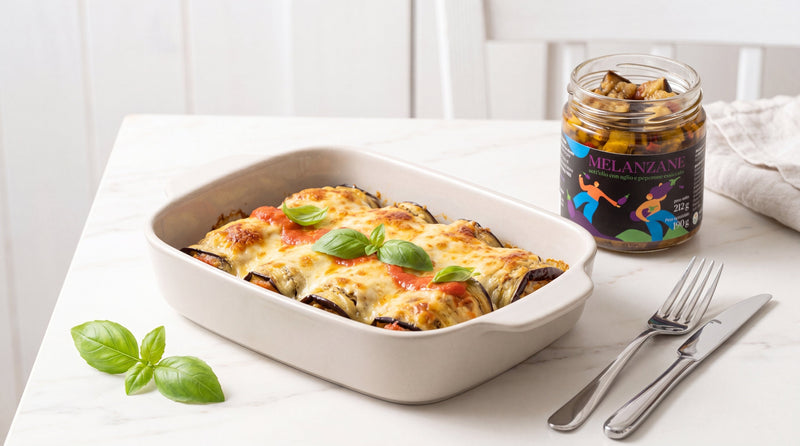 Pirofila con involtini di melanzane gratinati al forno, vasetto Minnelea aperto accanto