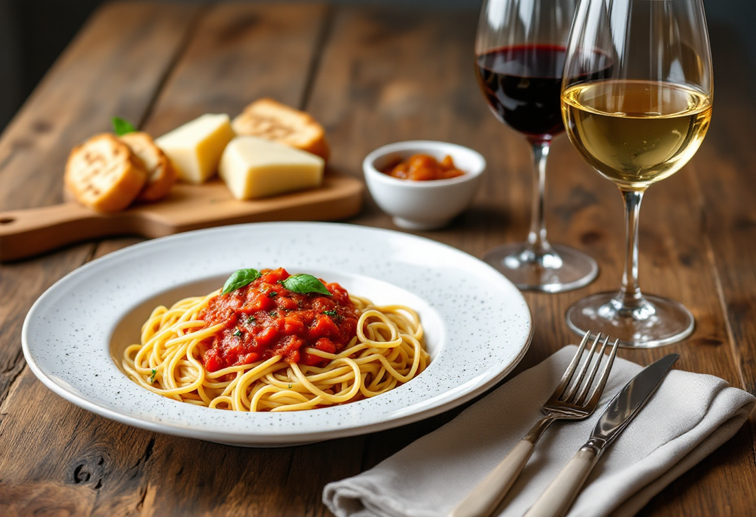 Assiette de spaghetti à la sauce tomate et au basilic, planchette de parmesan et de pain grillé, petit bol de confiture de figues, un verre de vin rouge et un verre de vin blanc
