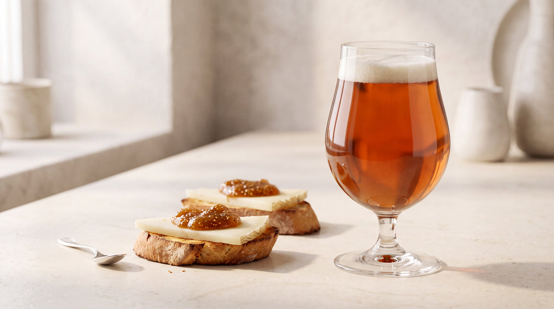 Amber ale: crostini al formaggio e confettura di fichi con confettura di fichi Minnelea