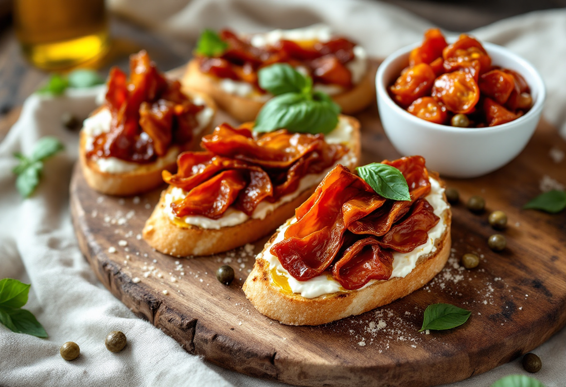 Crostini con ricotta e pomodori secchi sott'olio con basilico su un tagliere di legno, accanto a una ciotolina di pomodori secchi nell'olio con capperi