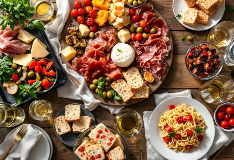 Tavola per un'apericena: tagliere di prosciutto, salame, formaggi e burrata, melanzane grigliate, peperoni e pomodori secchi, olive, crostini, un piatto di pasta fredda con pomodorini e calici di vino bianco