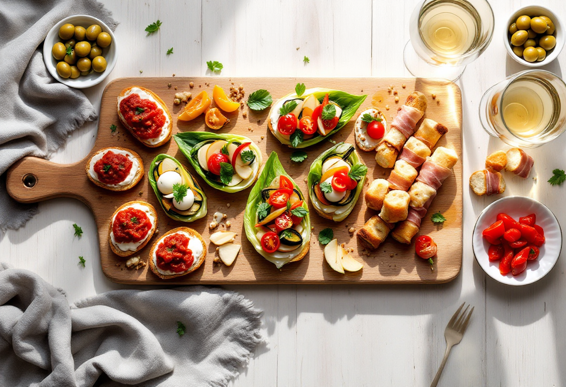 Houten plank met koude aperitiefhapjes: toastjes met tomatenpaté en mozzarella, slablaadjes gevuld met kerstomaatjes, mozzarella en groenten, broodstengels met rauwe ham, schaaltjes olijven en paprika, twee glazen witte wijn