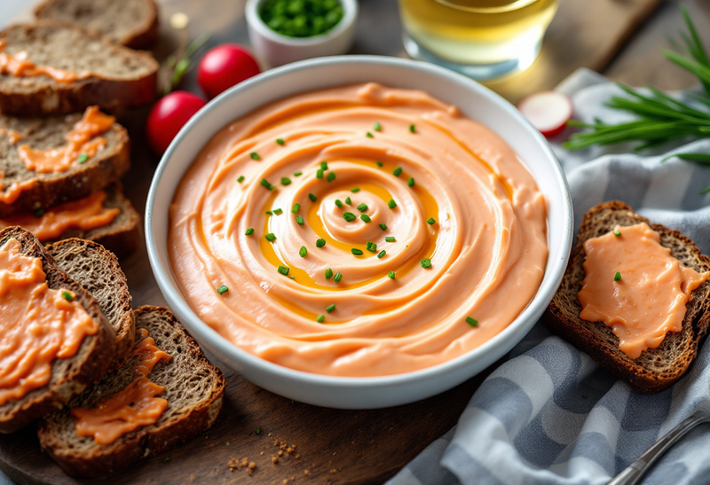 Aufstrich aus Topfen und getrockneten Tomaten in einer weißen Schüssel mit Schnittlauch und einem Faden Olivenöl, daneben Schwarzbrotscheiben mit Aufstrich, Radieschen und ein Glas Weißwein