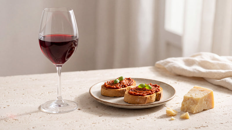 Barbera: crostini al pomodoro e formaggi con paté di pomodori secchi Minnelea