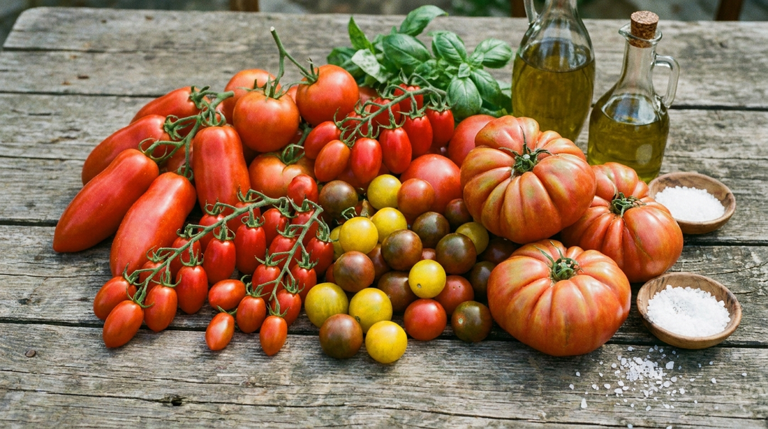 Verschiedene reife Tomatensorten auf Holz