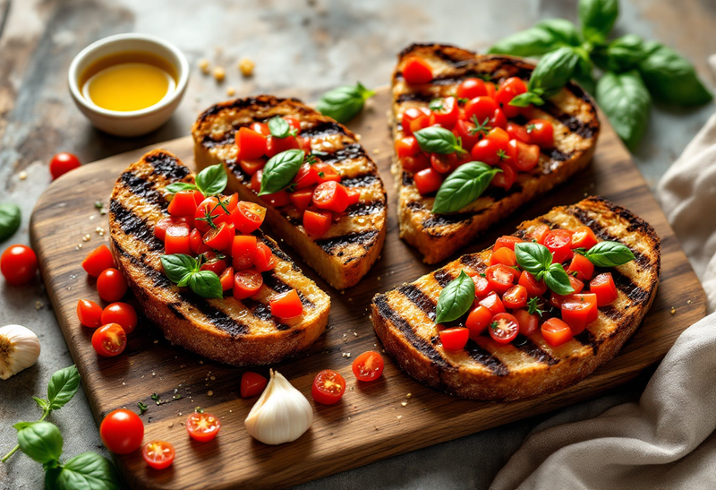 Tranches de pain de campagne grillé garnies de tomates en dés, d'huile d'olive et de basilic frais, sur une planche en bois avec une gousse d'ail