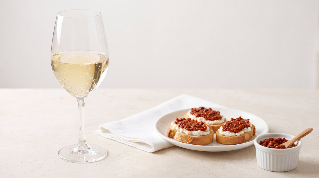 Champagne brut: piccoli crostini con paté con paté di pomodori secchi Minnelea
