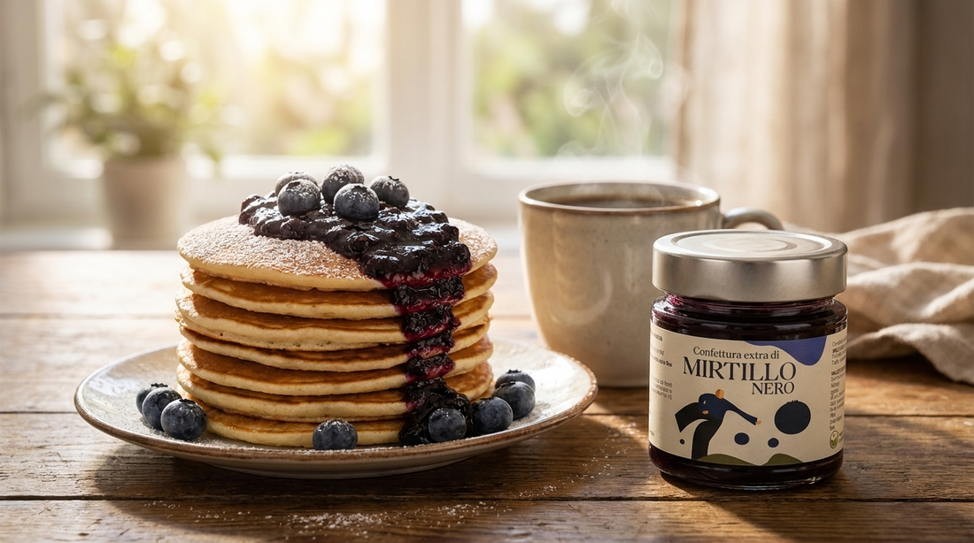 Pancakes con confettura di mirtillo a colazione accanto al vasetto Minnelea