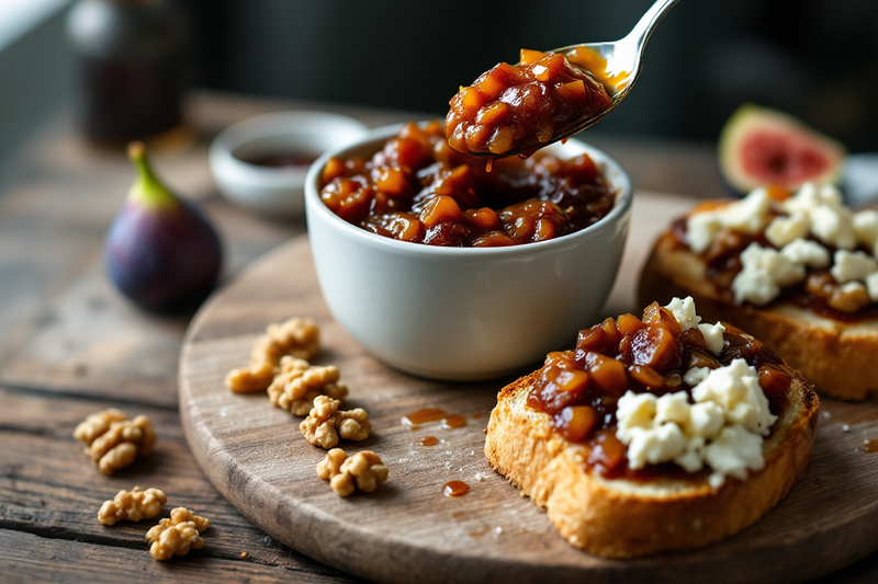 Confiture de figues épaisse soulevée à la cuillère au-dessus d'un bol, à côté de toasts garnis de confiture de figues et de chèvre émietté, avec des noix et une figue coupée