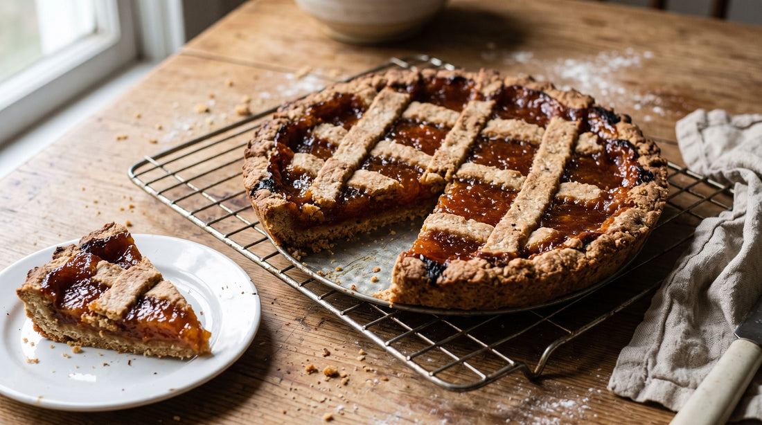 Crostata di albicocche appena sfornata su una griglia, con una fetta tagliata su un piattino
