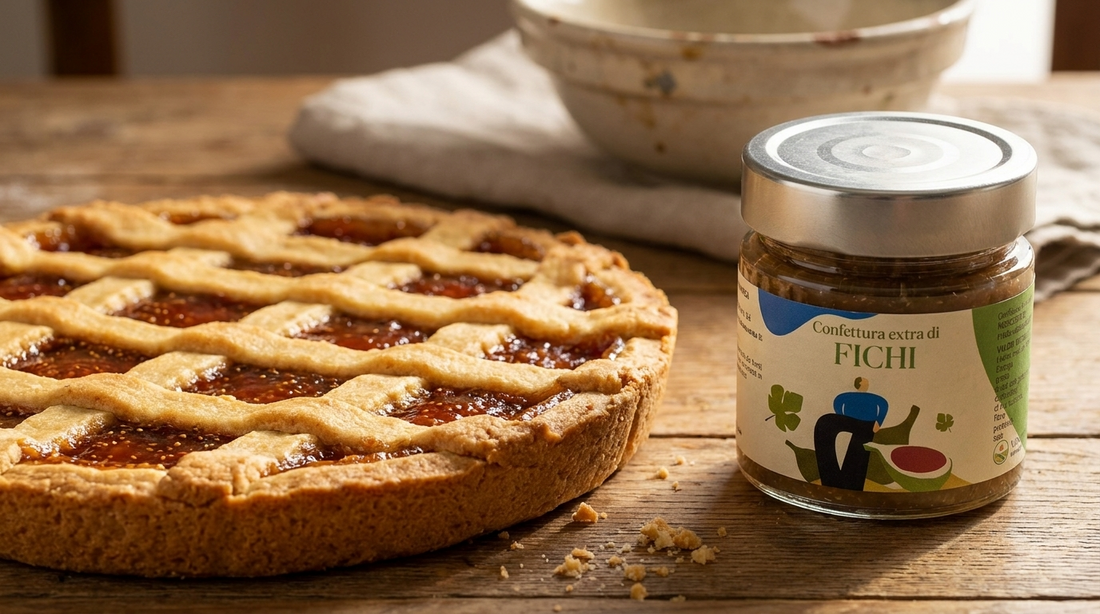 Crostata con confettura accanto al vasetto di Confettura Extra di Fichi Minnelea