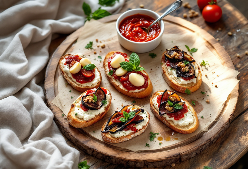 Crostini su un tagliere di legno: paté di pomodori secchi con mozzarelline e basilico, melanzane sott'olio su ricotta con menta, e una ciotolina di paté di pomodori secchi