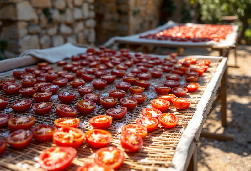 Pomodori tagliati a metà e cosparsi di sale grosso, stesi in file su graticci di canne al sole, in un cortile con un muro di pietra