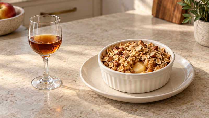 Ein vollständig sichtbares kleines Glas mit bernsteinfarbenem Tawny Port neben einem Apfel-Mandel-Dessert mit Haferflocken