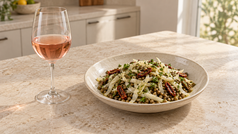 Ein vollständig sichtbares Glas mit roséfarbenem Wein neben Linsensalat mit fein gehobeltem Fenchel und getrockneten Tomaten