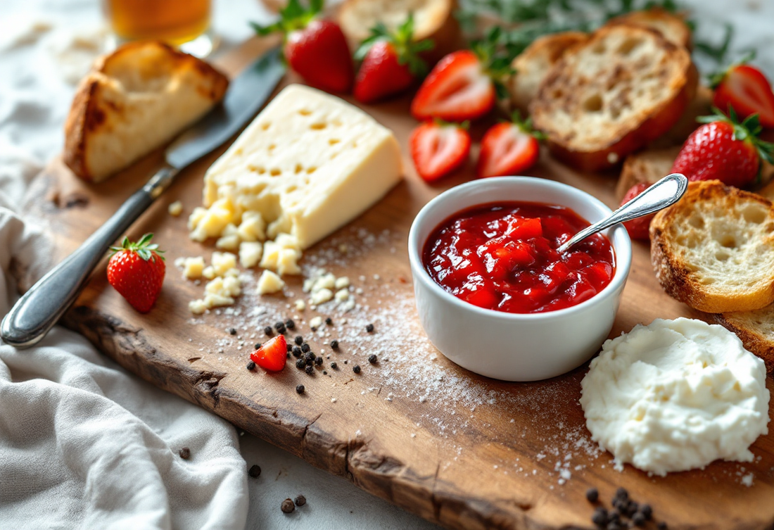 Ciotolina di confettura di fragole con il cucchiaino su un tagliere di legno, con un formaggio a pasta dura a pezzi, ricotta fresca, fragole tagliate, pepe nero e pane tostato