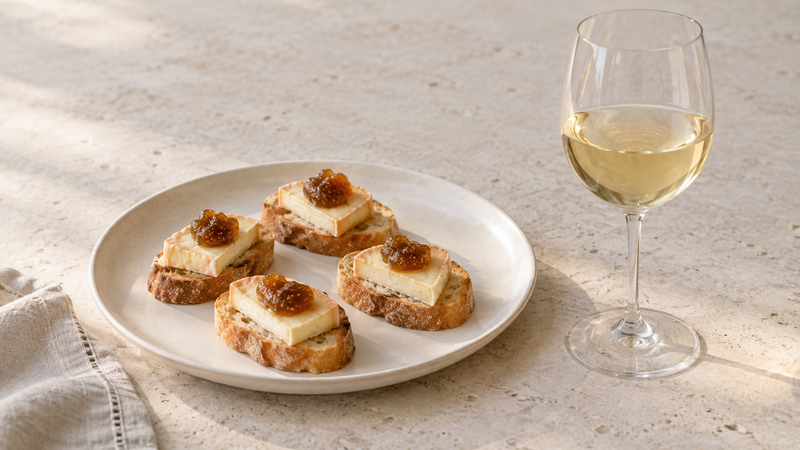Ein Glas goldgelber Gewürztraminer neben kleinen Käsebroten mit bernsteinbrauner Feigenkonfitüre