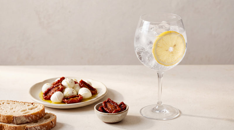 Gin Tonic nel calice con mozzarella e pomodori secchi sottolio