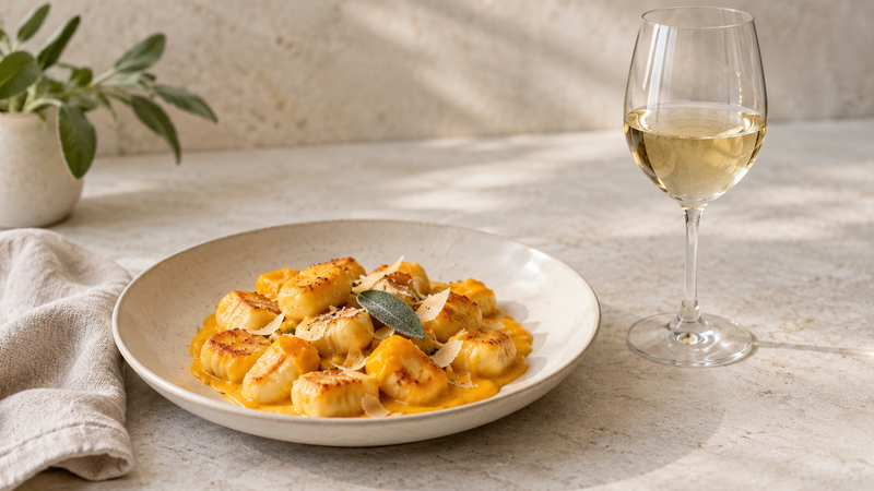 Ein Glas blassgoldener Grauburgunder neben gebratenen Gnocchi mit orangegelber Kürbiscreme