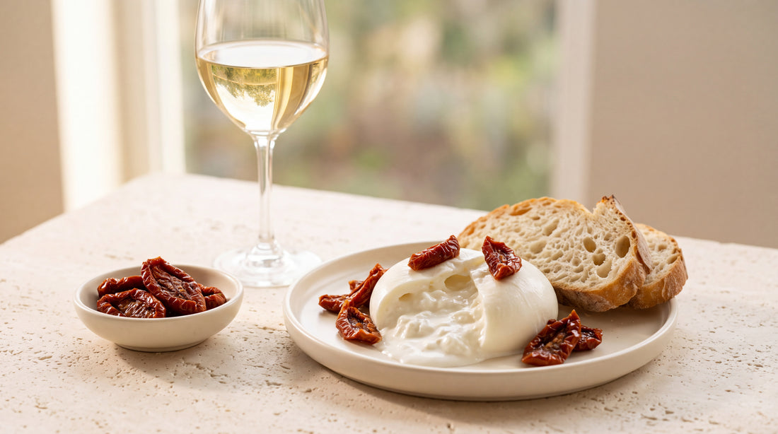 Greco di Tufo: burrata e pomodori secchi con pomodori sott'olio Minnelea