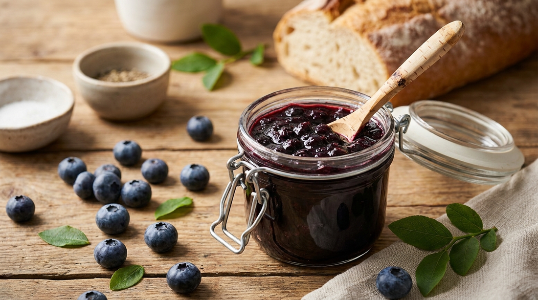 Glas mit Heidelbeer-Konfitüre und frischen Heidelbeeren