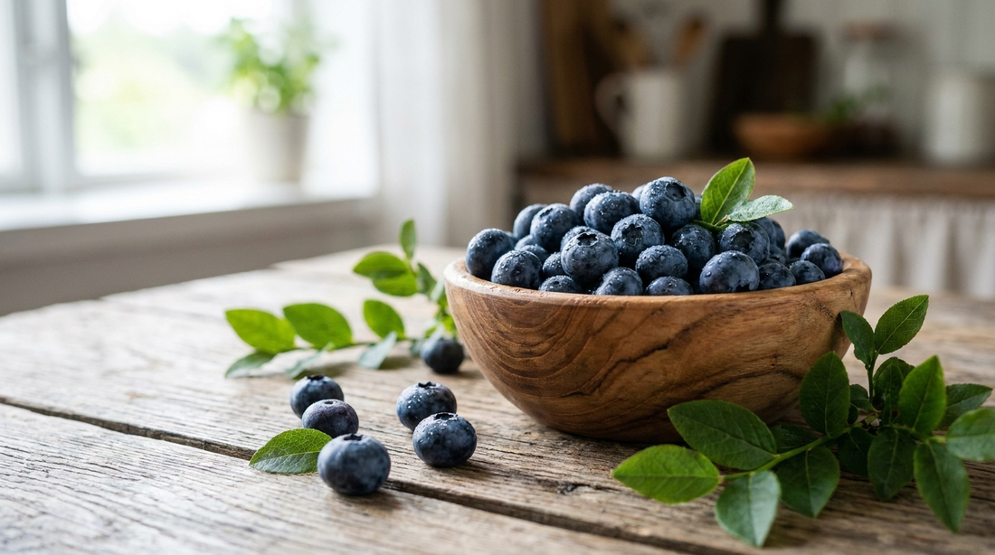 Frische Heidelbeeren in einer rustikalen Holzschale