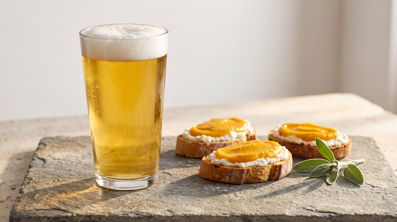 Birra Helles: crostini alla crema di zucca e formaggio con crema di zucca Minnelea