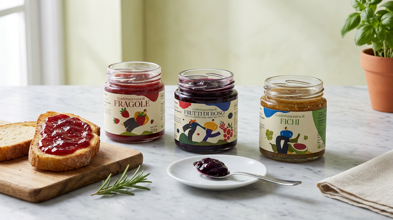 Tre confetture artigianali Minnelea aperte su marmo - Fragole, Frutti di Bosco, Fichi - guida alla scelta di una confettura di qualita