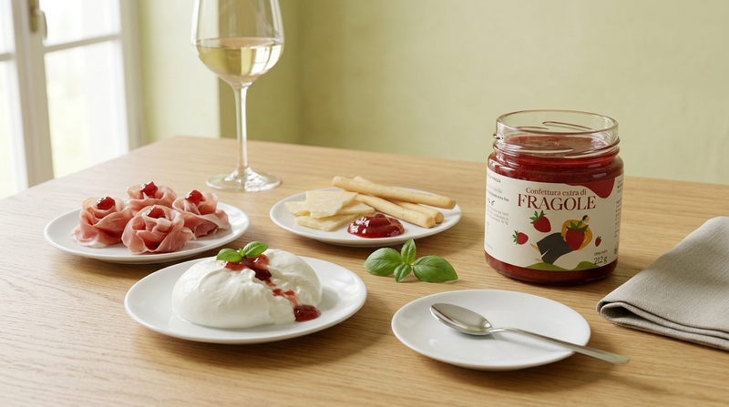Tagliere aperitivo italiano con prosciutto crudo, burrata, parmigiano e confettura di fragole Minnelea